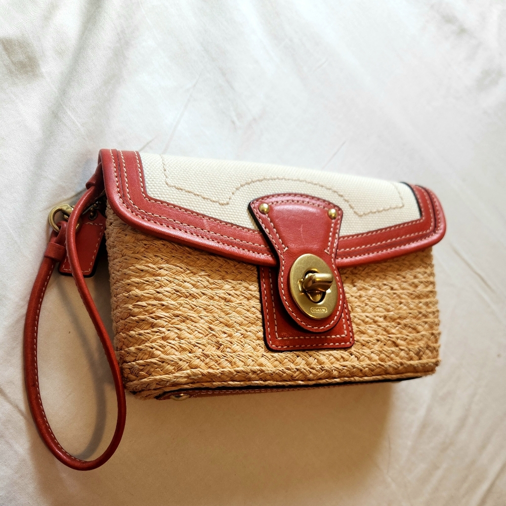 Coach Woven Raffia Clutch Bag Leather Trim Canvas Flap Wristlet Strap
